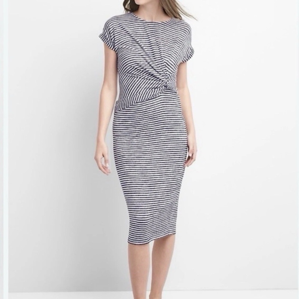 Gap Short Sleeve Navy Blue Striped Knot Twist T-Shirt Dress